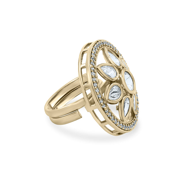 Bhavmayi Flower Mandala Statement Polki-Diamond-Gold Finish Ring