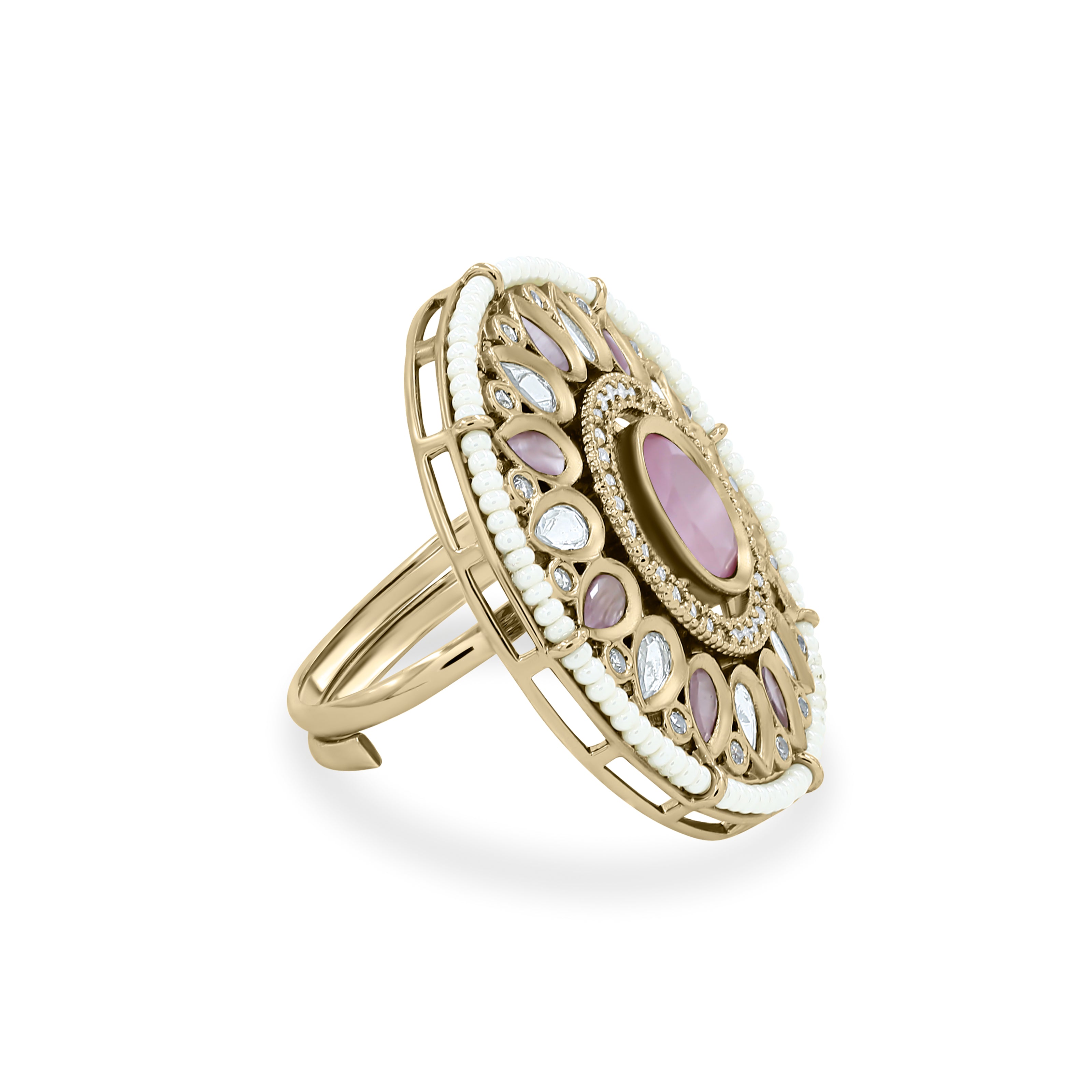 Bhavmayi 14K Yellow Gold Ruby and Diamond Floral Mandala Statement Ring with Seed Pearl Halo