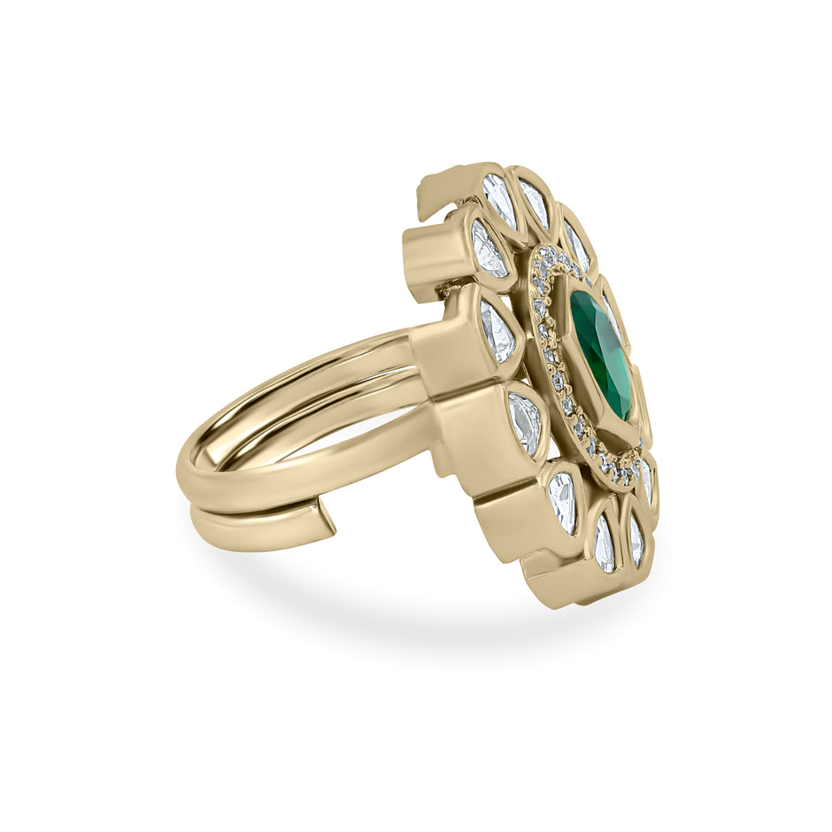 Bhavmayi Oval Zircon Vintage Shield Polki-Diamond Gold Finish Ring with Pave and Trillion Motif Halo