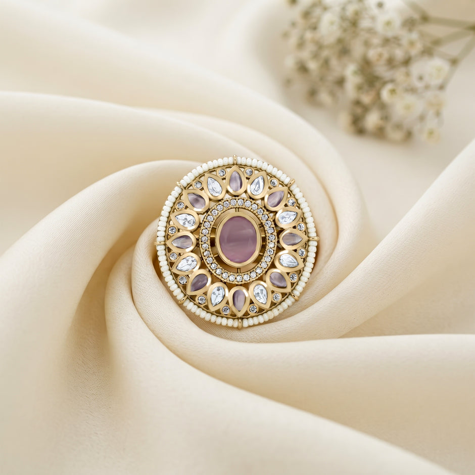 Bhavmayi 14K Yellow Gold Ruby and Diamond Floral Mandala Statement Ring with Seed Pearl Halo