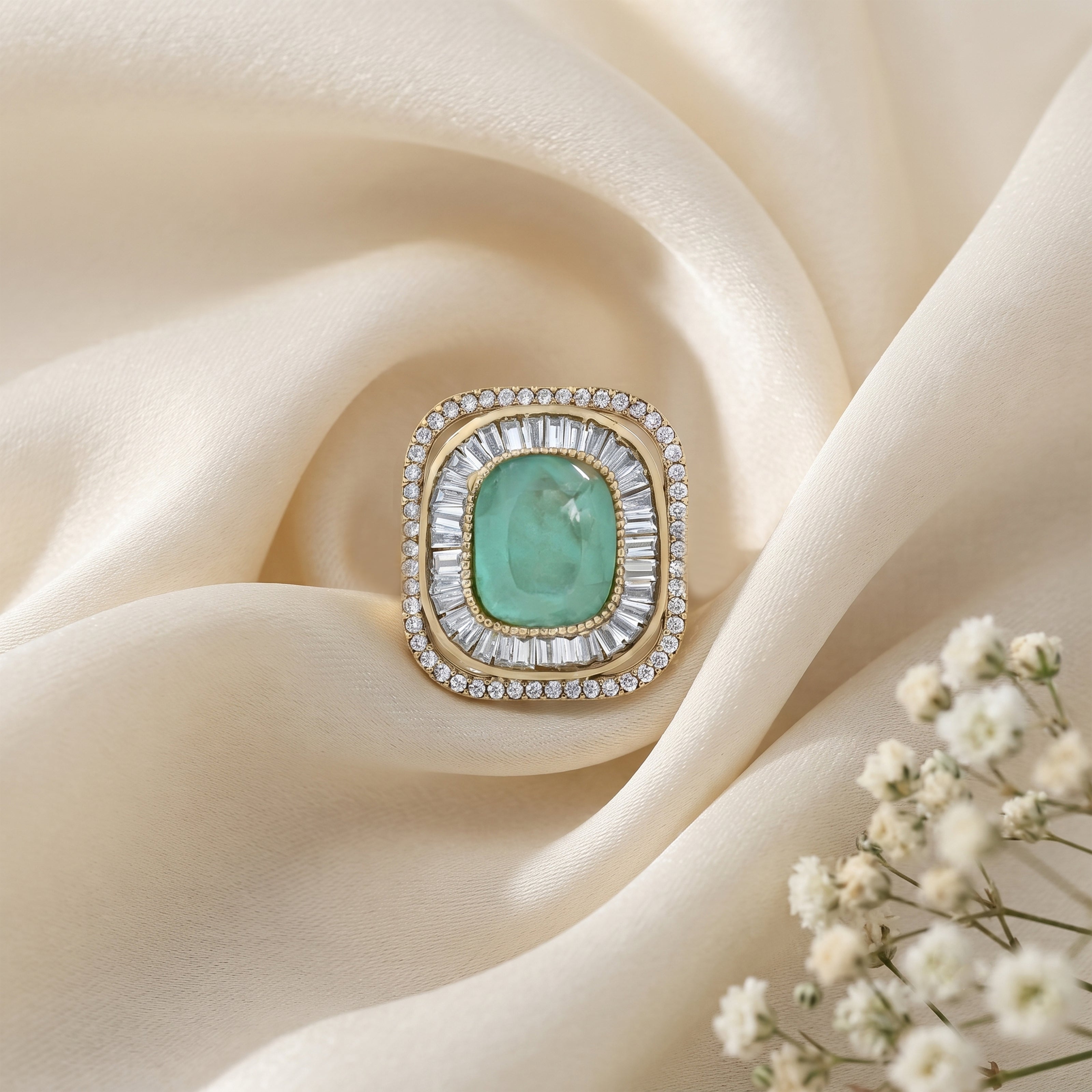 Bhavmayi Diamond Statement Gold Art Deco Oval Ring with Baguette and Pave Cushion Halo