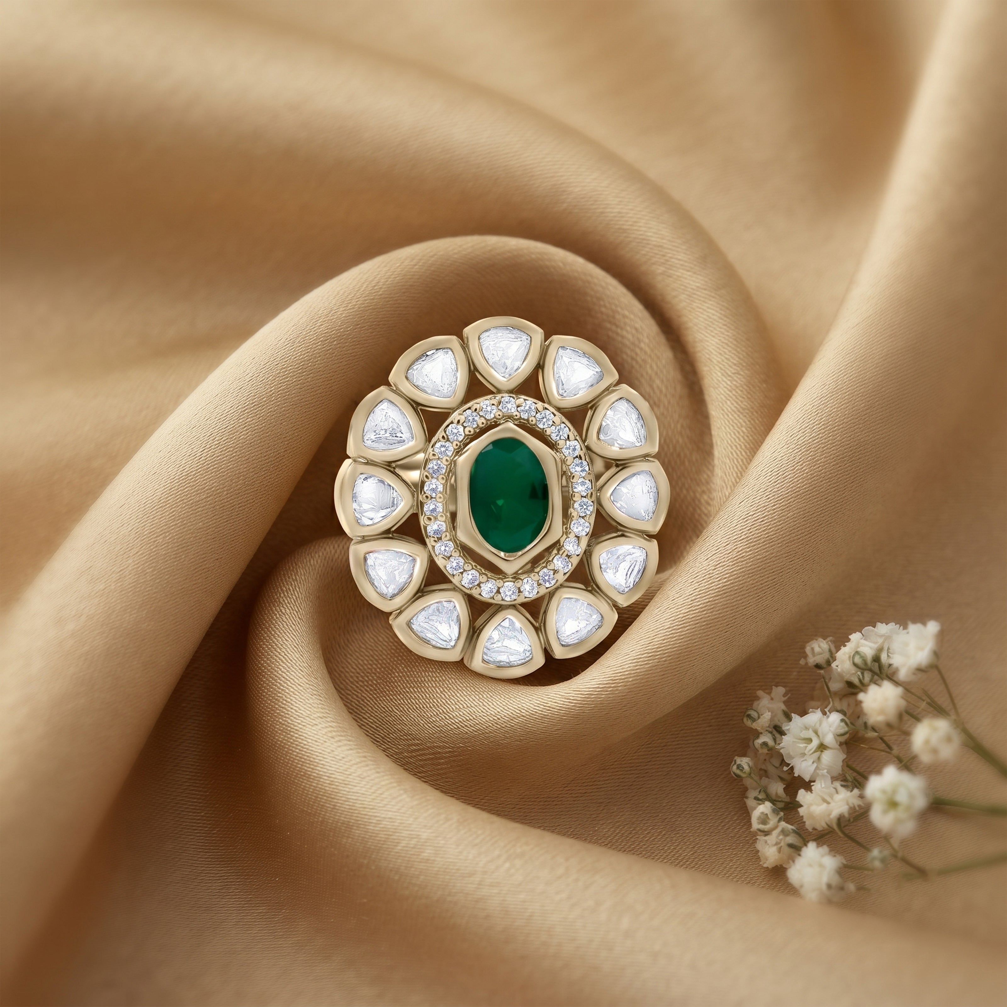 Bhavmayi Oval Zircon Vintage Shield Polki-Diamond Gold Finish Ring with Pave and Trillion Motif Halo
