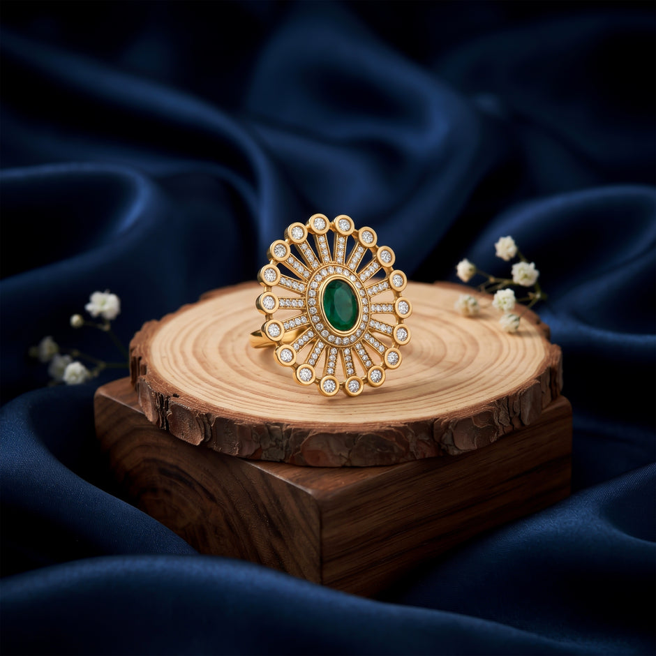 Bhavmayi 14K Gold Finish Modern Sunburst Spokes Pave Outer Halo Oval Diamond Statement  Ring