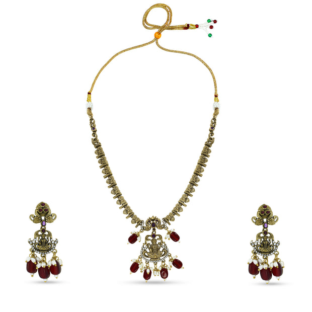 Bhavmayi Classic "Mayur&Shri" Antique Gold Red Beads Heritage Temple Necklace Set with Earrings