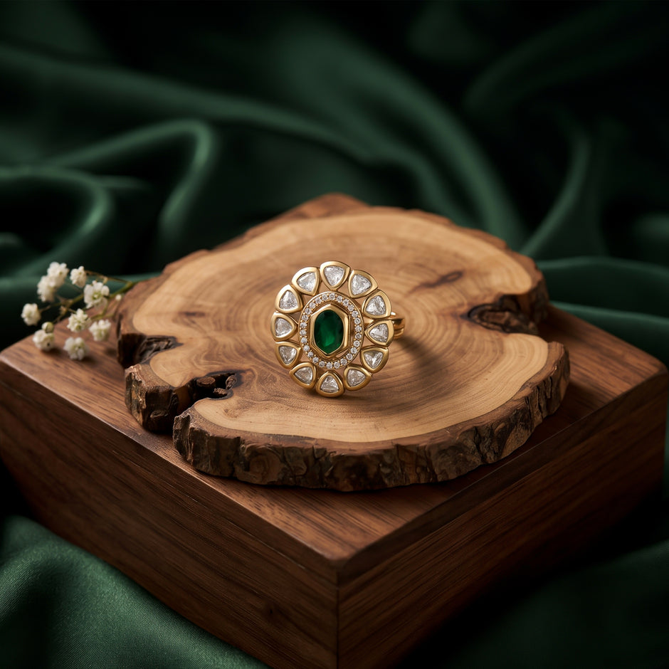 Bhavmayi Oval Zircon Vintage Shield Polki-Diamond Gold Finish Ring with Pave and Trillion Motif Halo