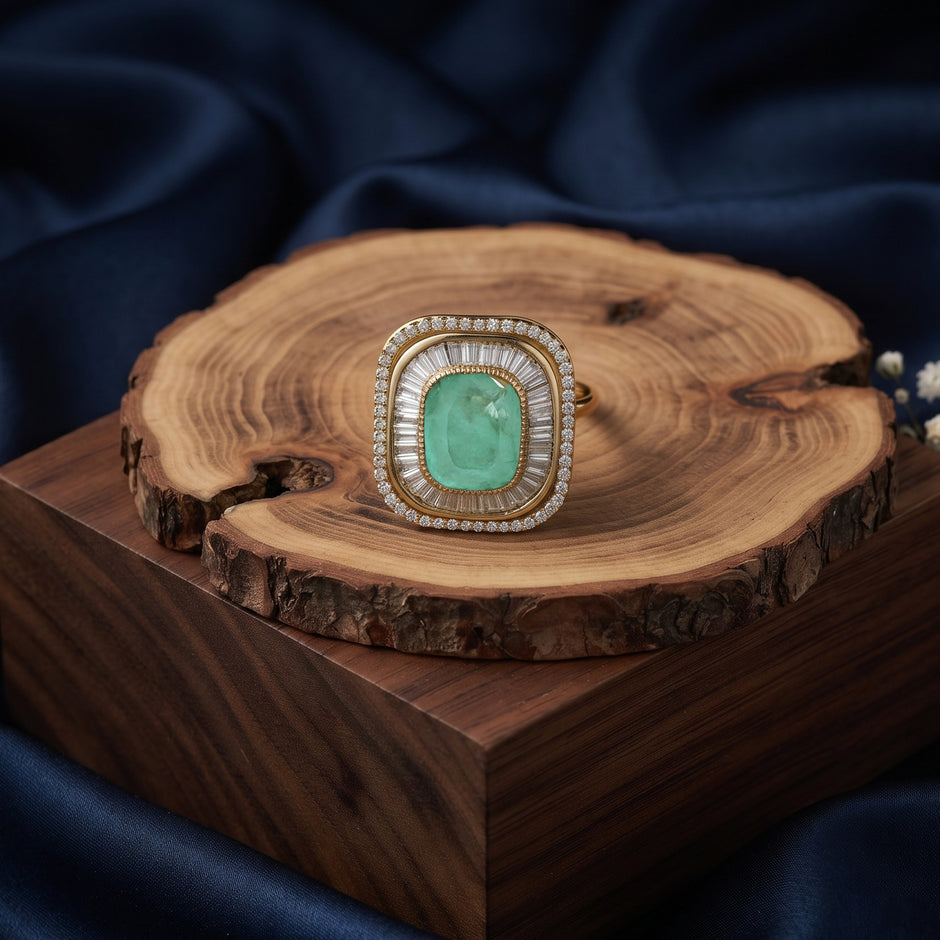 Bhavmayi Diamond Statement Gold Art Deco Oval Ring with Baguette and Pave Cushion Halo