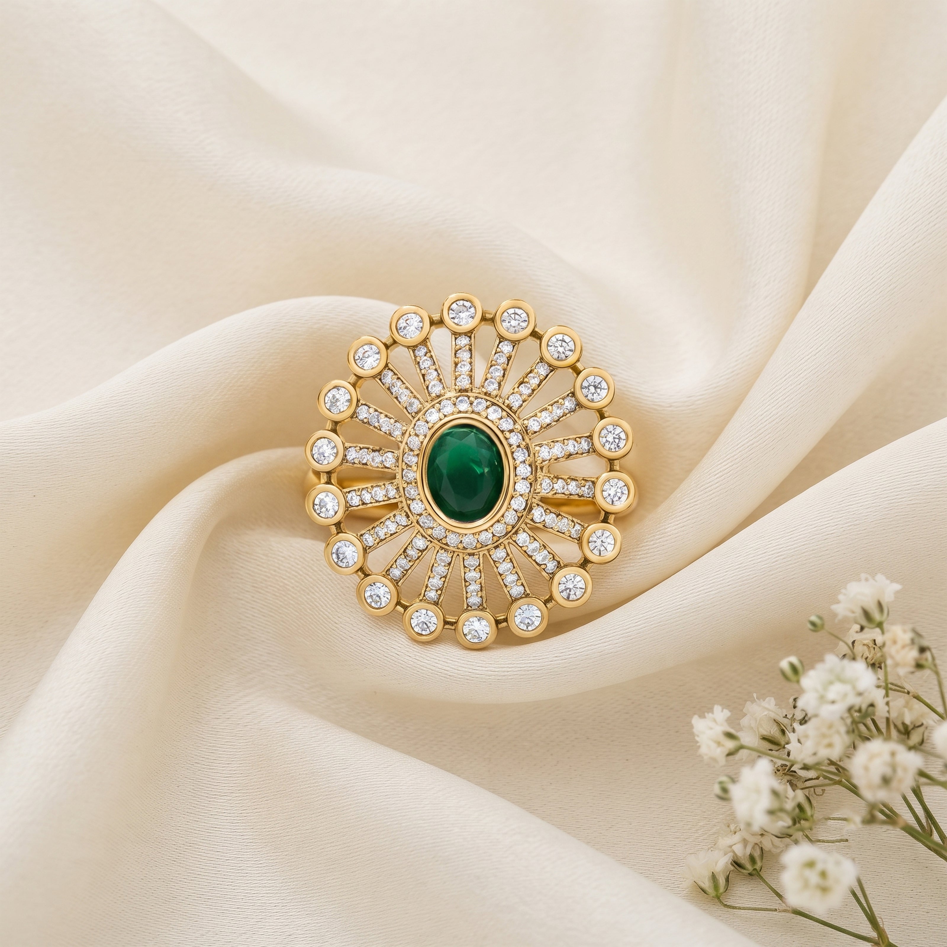 Bhavmayi 14K Gold Finish Modern Sunburst Spokes Pave Outer Halo Oval Diamond Statement  Ring
