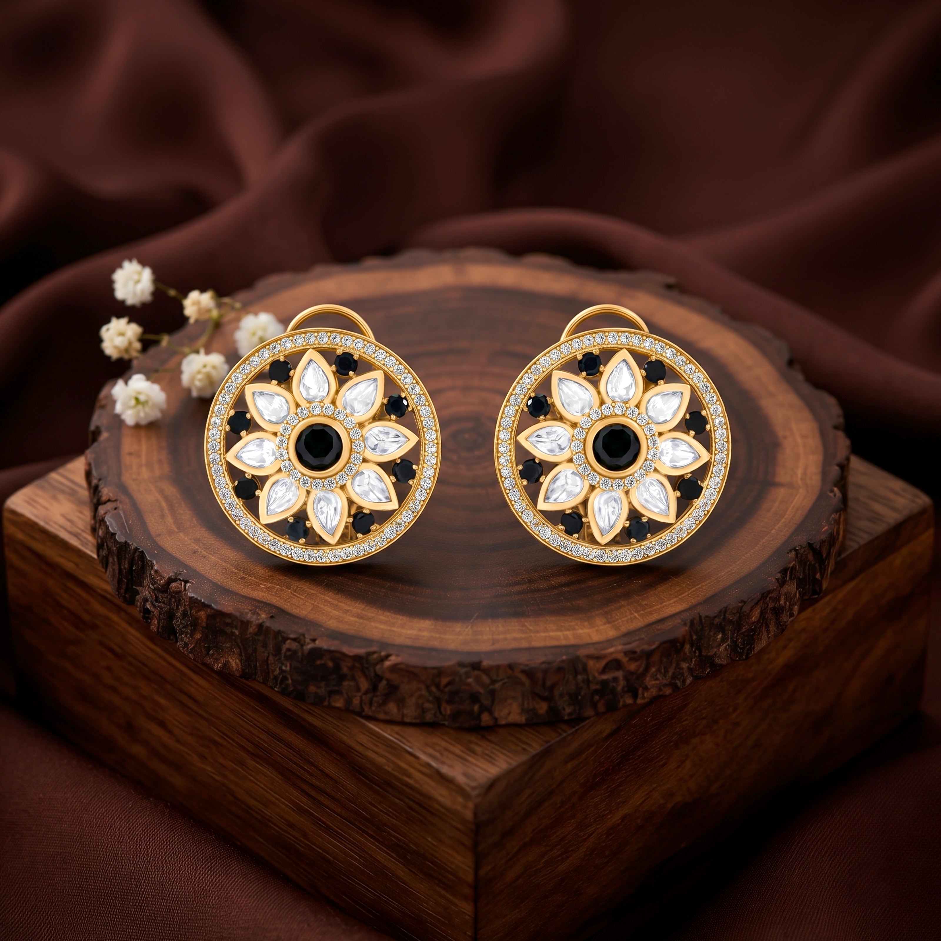 Bhavmayi 14K Gold Round Mandala Stud Earrings with Emerald & Teardrop Diamond Accents