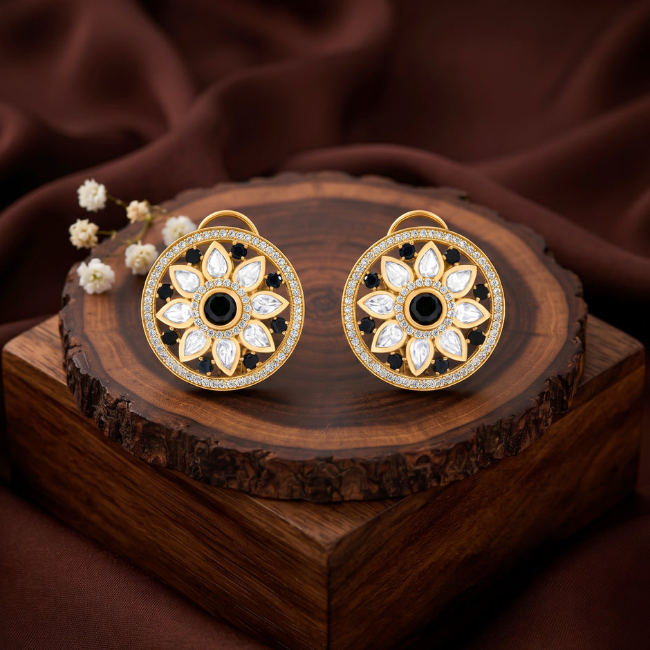 Bhavmayi 14K Gold Round Mandala Stud Earrings with Emerald & Teardrop Diamond Accents