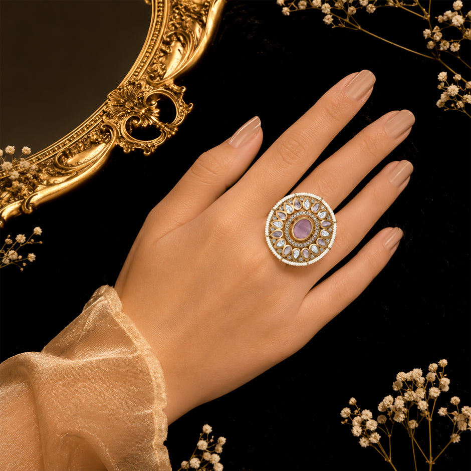 Bhavmayi 14K Yellow Gold Ruby and Diamond Floral Mandala Statement Ring with Seed Pearl Halo