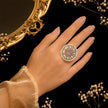 Bhavmayi 14K Yellow Gold Ruby and Diamond Floral Mandala Statement Ring with Seed Pearl Halo