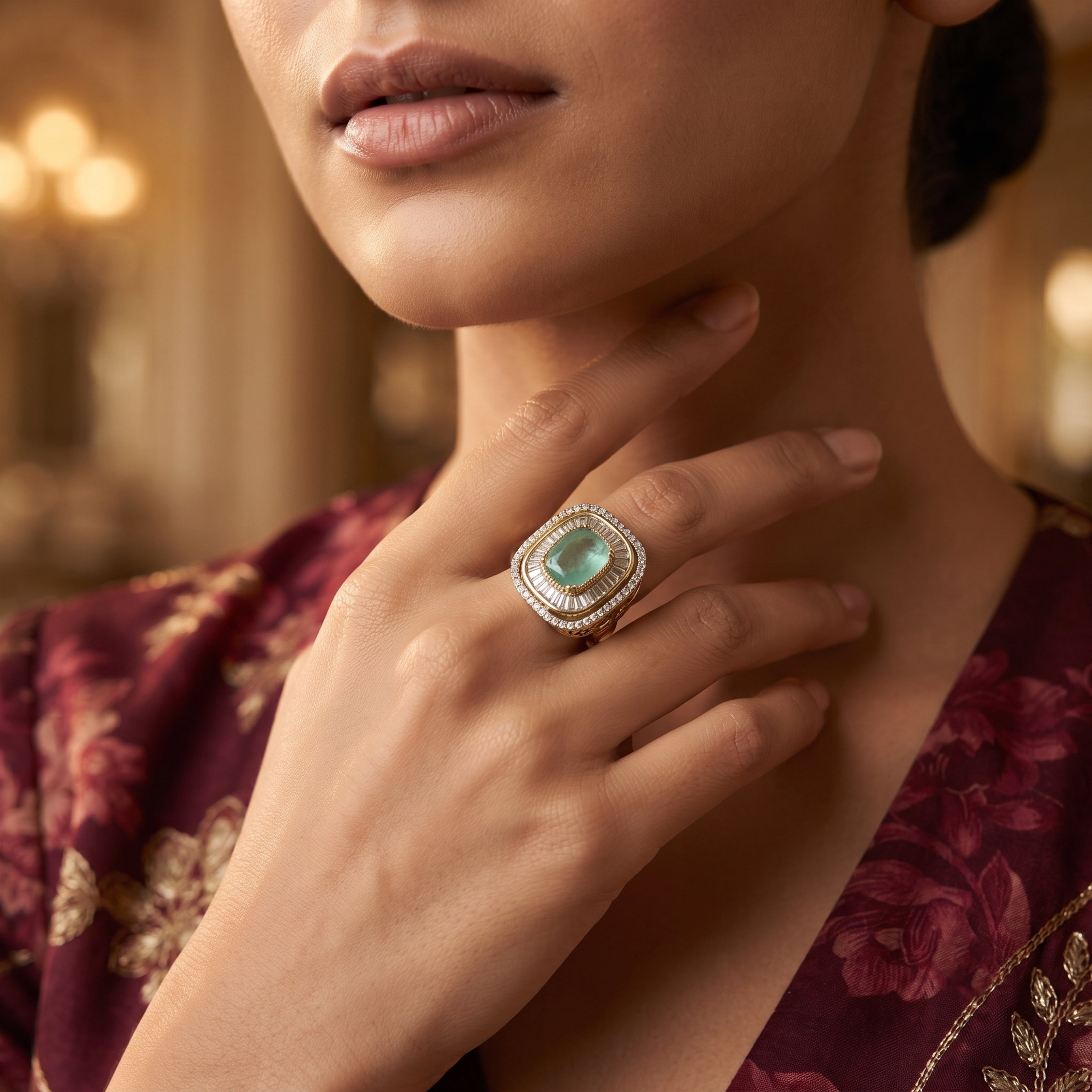 Bhavmayi Diamond Statement Gold Art Deco Oval Ring with Baguette and Pave Cushion Halo