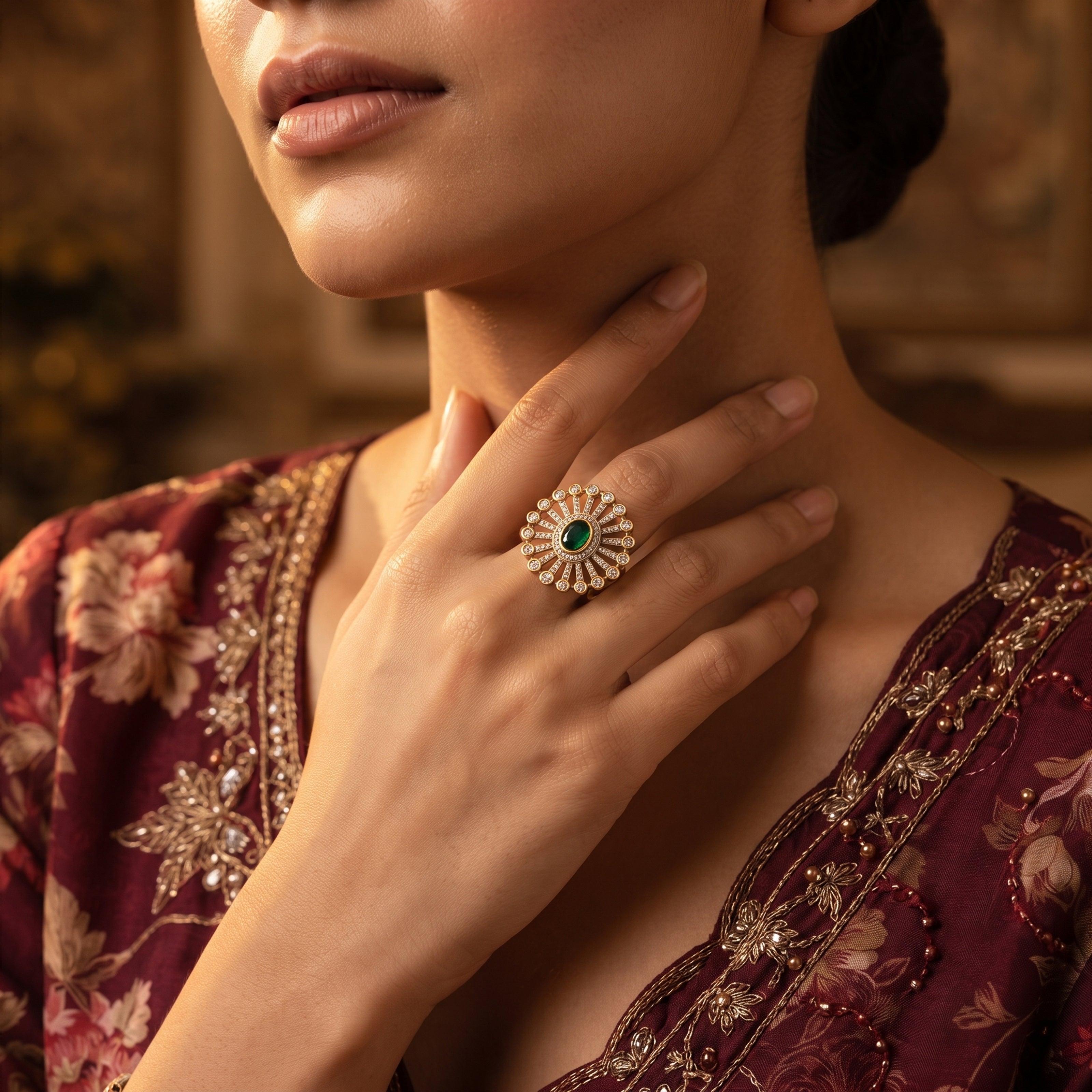 Bhavmayi 14K Gold Finish Modern Sunburst Spokes Pave Outer Halo Oval Diamond Statement  Ring