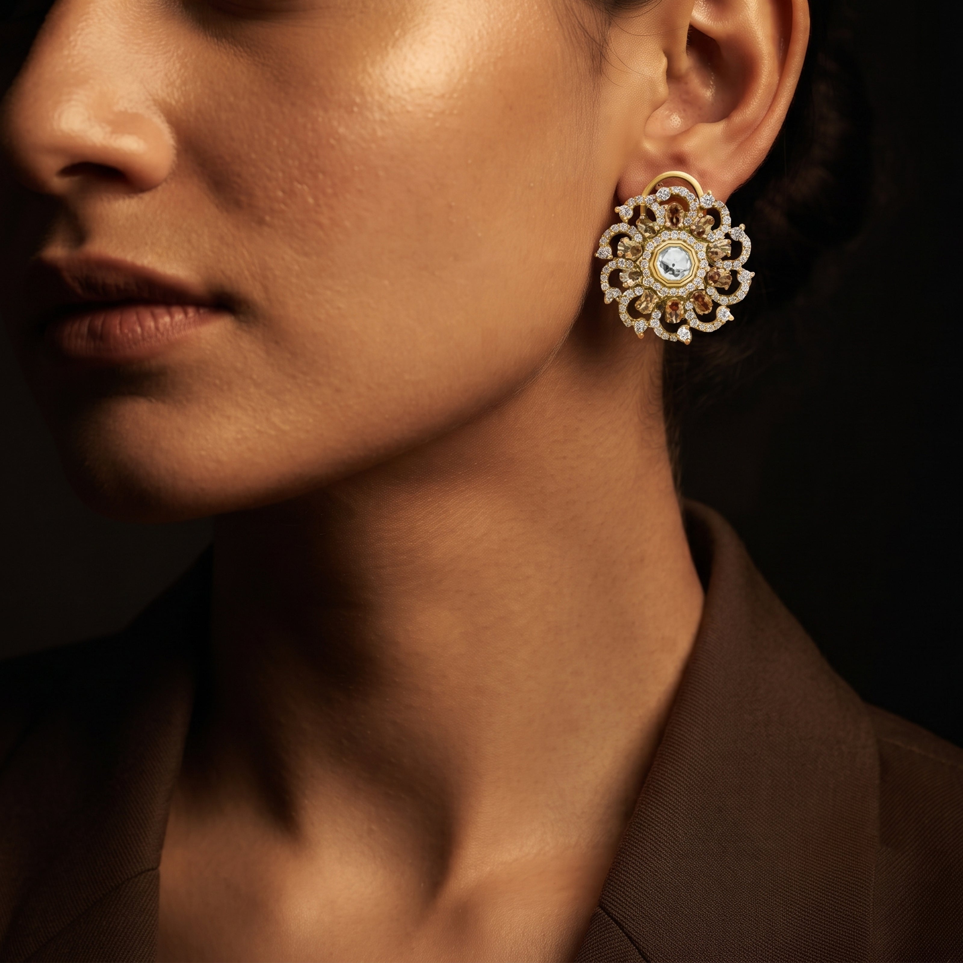 Bhavmayi 14K Gold Ornate Floral Burst Diamond Studded & Deca Cut Polki Accents Earrings