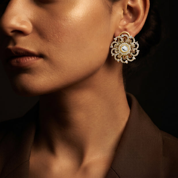 Bhavmayi 14K Gold Ornate Floral Burst Diamond Studded & Deca Cut Polki Accents Earrings