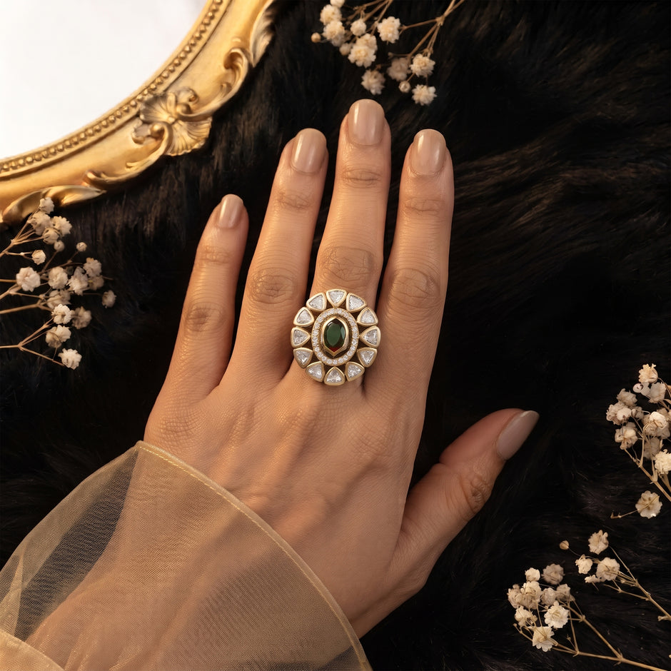 Bhavmayi Oval Zircon Vintage Shield Polki-Diamond Gold Finish Ring with Pave and Trillion Motif Halo