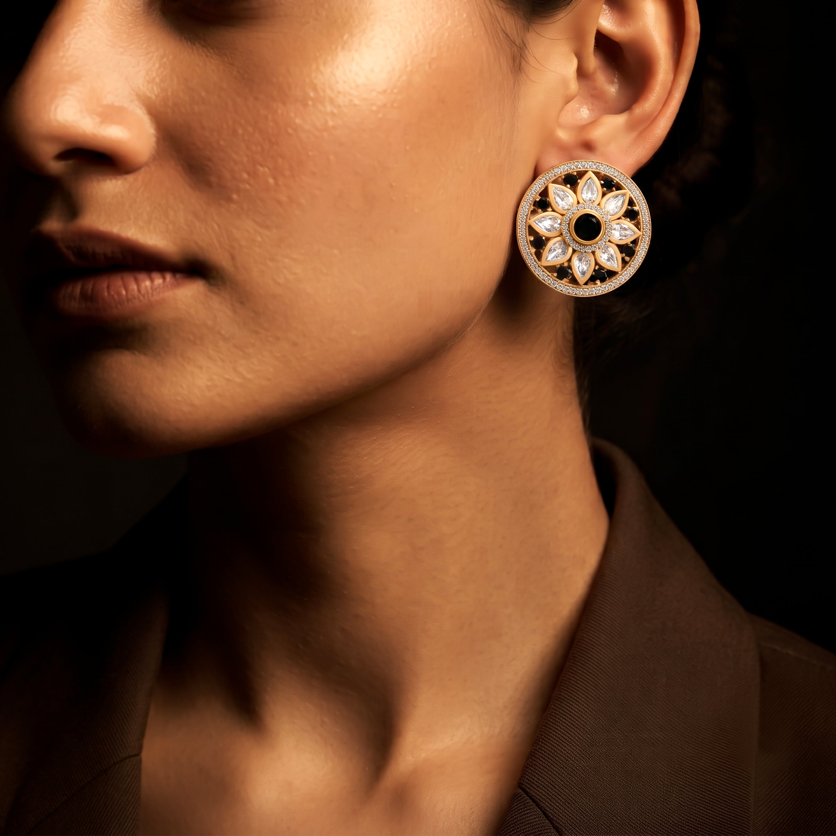 Bhavmayi 14K Gold Round Mandala Stud Earrings with Emerald & Teardrop Diamond Accents