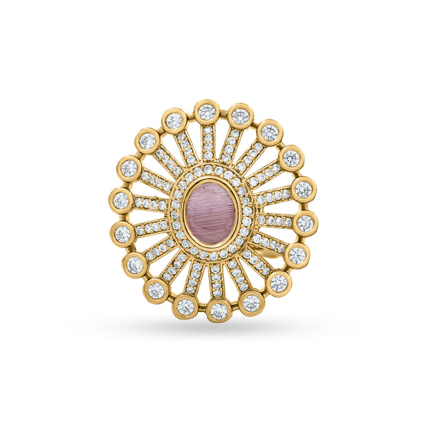 Bhavmayi 14K Gold Finish Modern Sunburst Spokes Pave Outer Halo Oval Diamond Statement  Ring