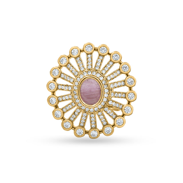 Bhavmayi 14K Gold Finish Modern Sunburst Spokes Pave Outer Halo Oval Diamond Statement  Ring