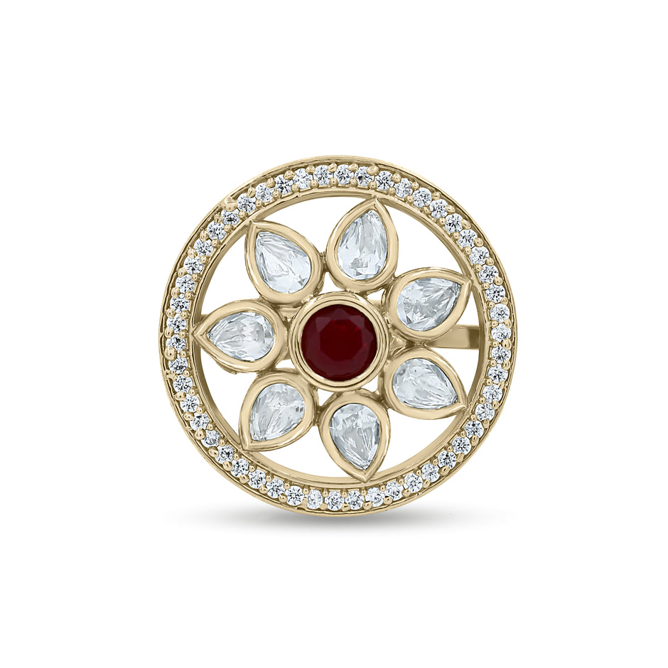 Bhavmayi Flower Mandala Statement Polki-Diamond-Gold Finish Ring