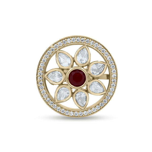 Bhavmayi Flower Mandala Statement Polki-Diamond-Gold Finish Ring