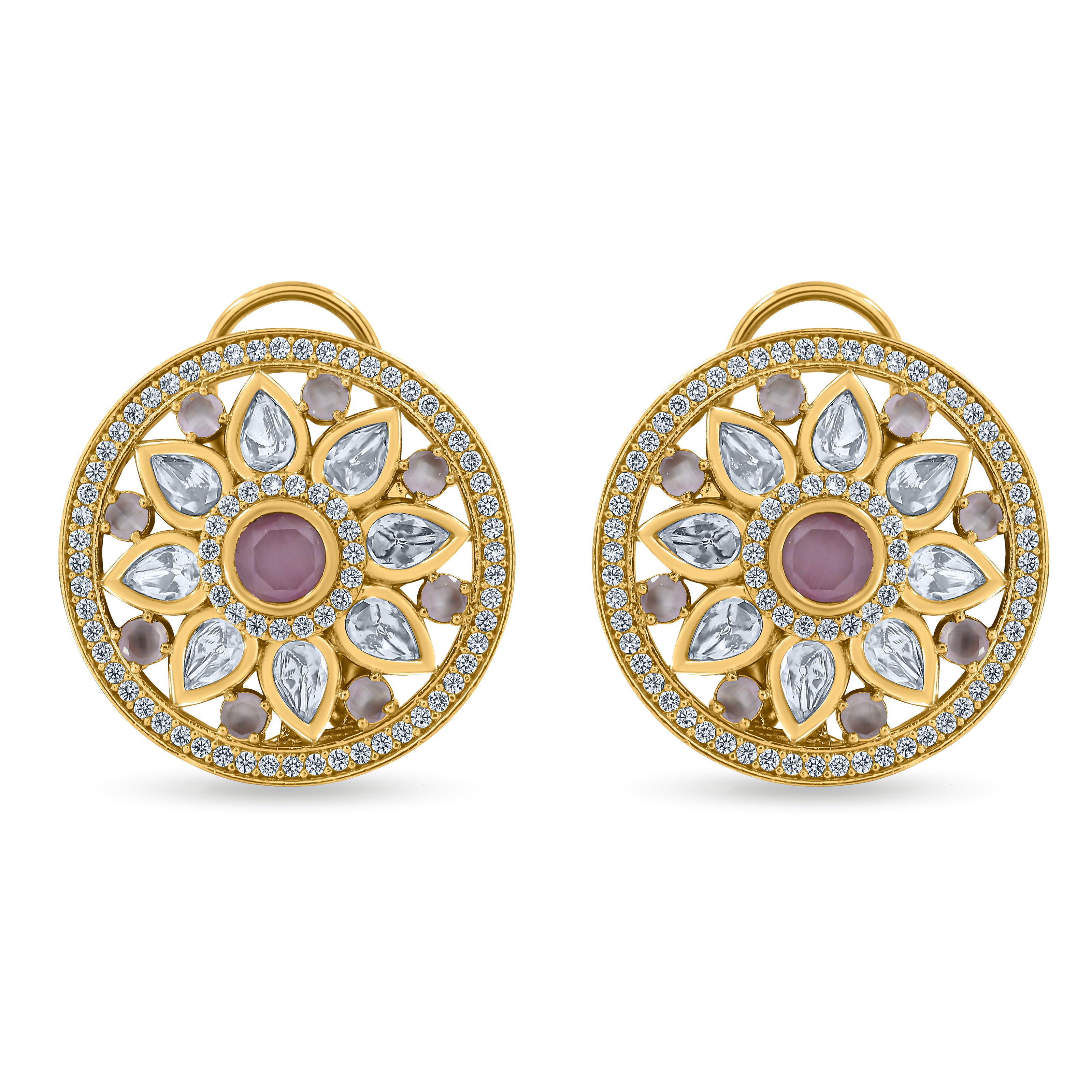 Bhavmayi 14K Gold Round Mandala Stud Earrings with Emerald & Teardrop Diamond Accents