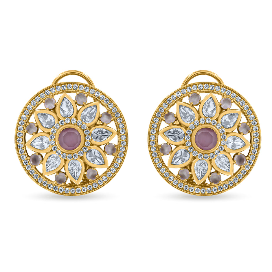 Bhavmayi 14K Gold Round Mandala Stud Earrings with Emerald & Teardrop Diamond Accents
