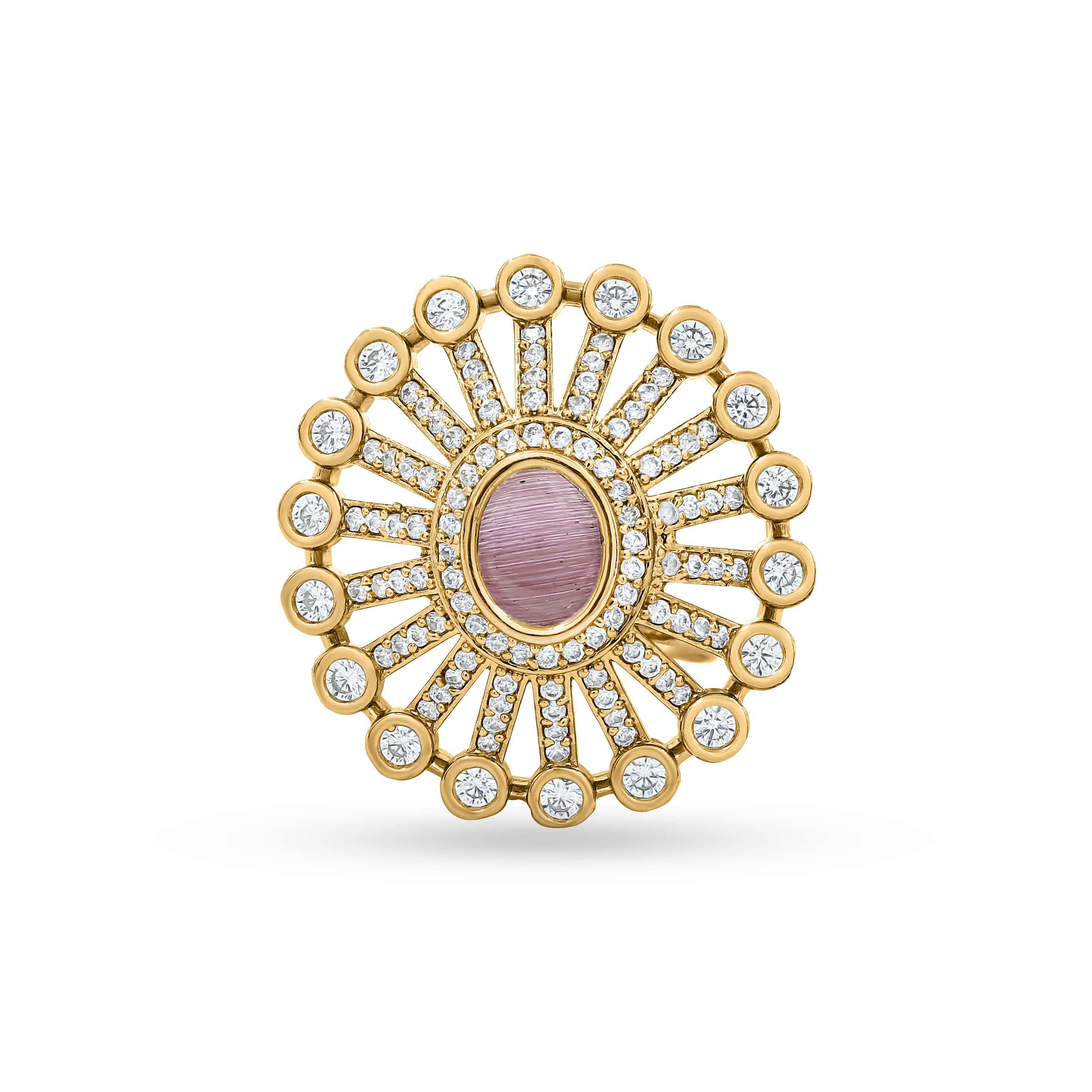 Bhavmayi 14K Gold Finish Modern Sunburst Spokes Pave Outer Halo Oval Diamond Statement  Ring