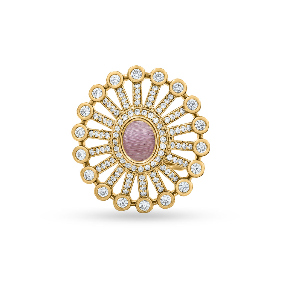 Bhavmayi 14K Gold Finish Modern Sunburst Spokes Pave Outer Halo Oval Diamond Statement  Ring