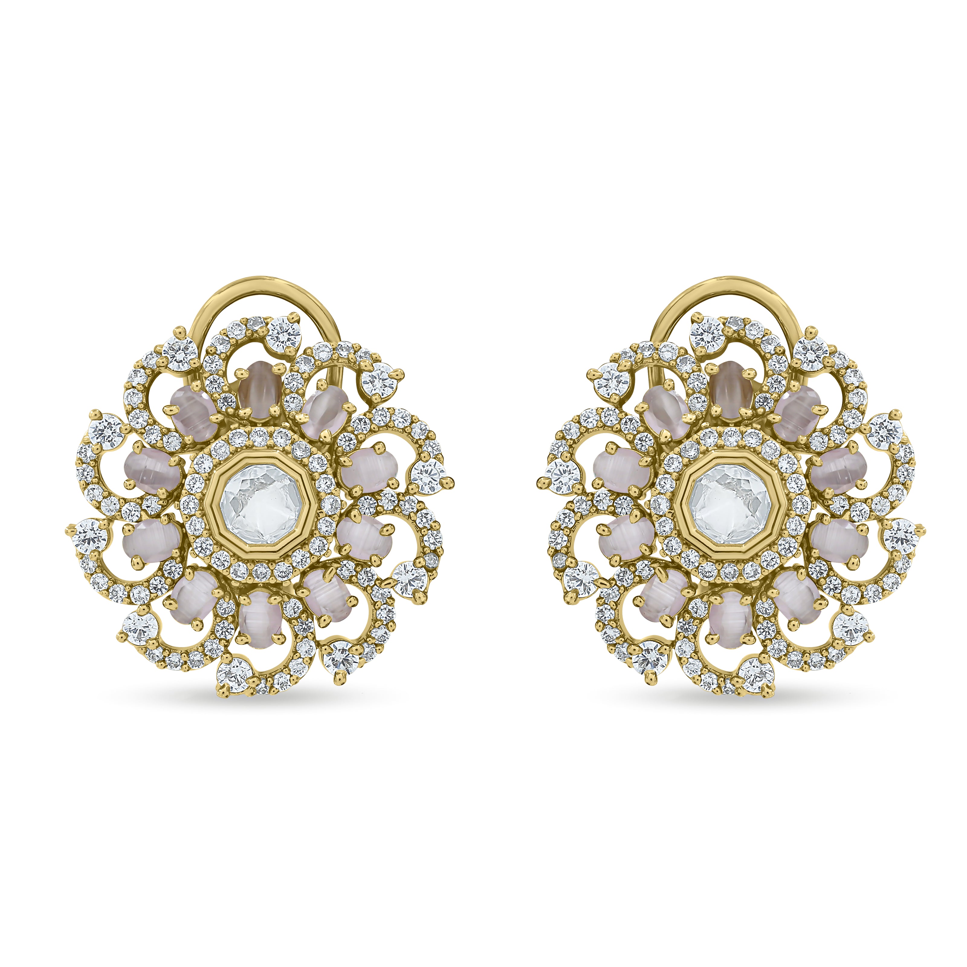 Bhavmayi 14K Gold Ornate Floral Burst Diamond Studded & Deca Cut Polki Accents Earrings