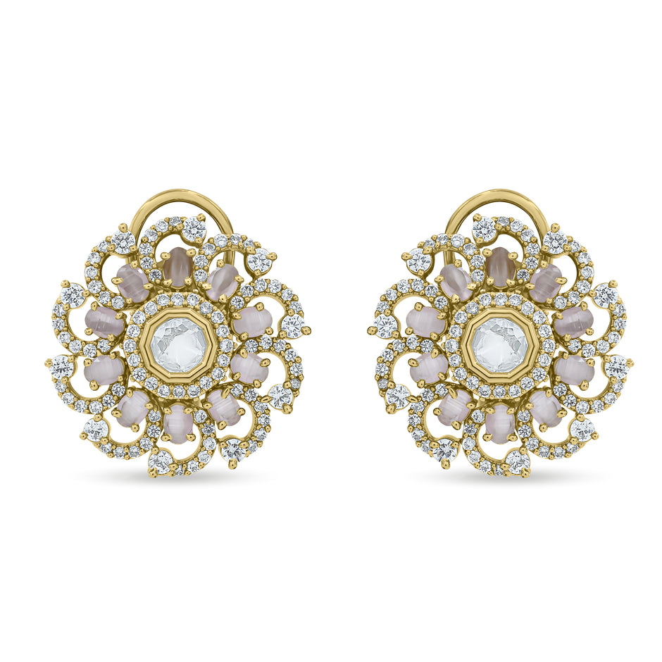 Bhavmayi 14K Gold Ornate Floral Burst Diamond Studded & Deca Cut Polki Accents Earrings