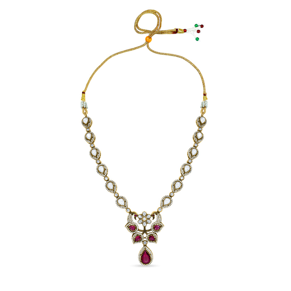 Bhavmayi Regal Peacock-Motif Ruby, Diamond-Polki-Style Heritage Necklace Set with Earrings
