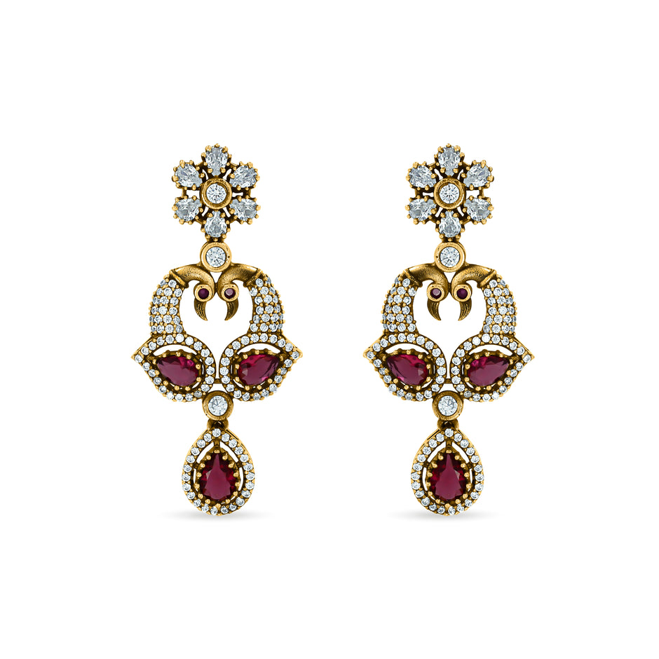 Bhavmayi Regal Peacock-Motif Ruby, Diamond-Polki-Style Heritage Necklace Set with Earrings