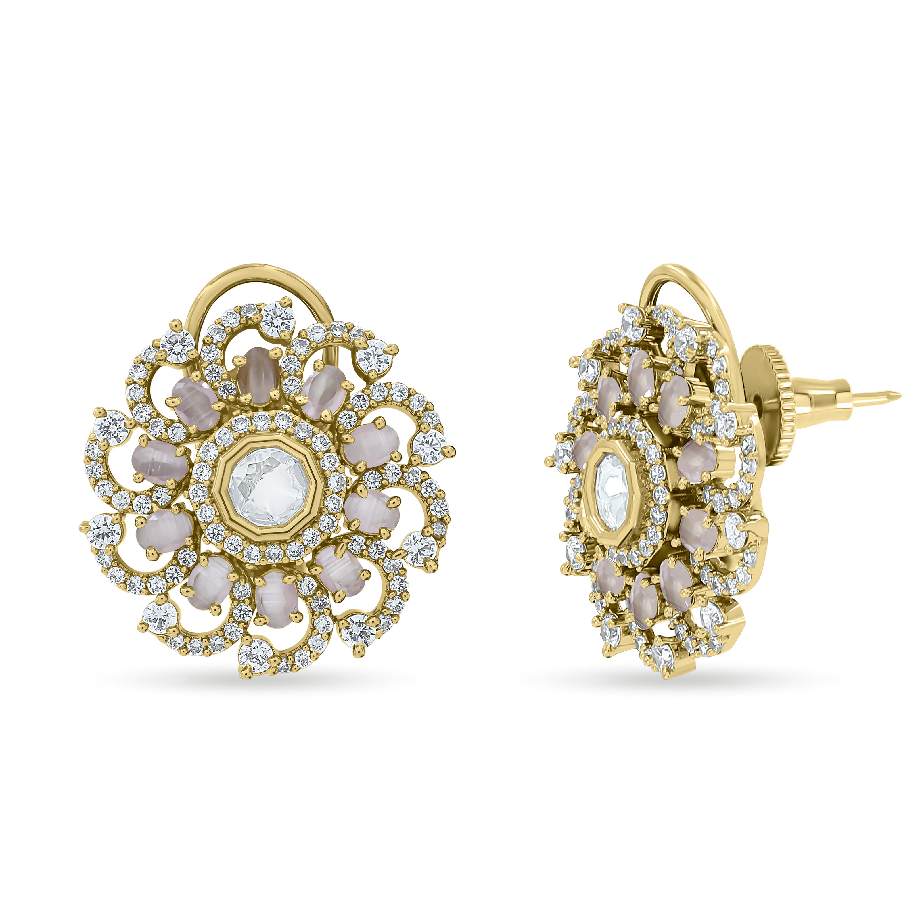 Bhavmayi 14K Gold Ornate Floral Burst Diamond Studded & Deca Cut Polki Accents Earrings