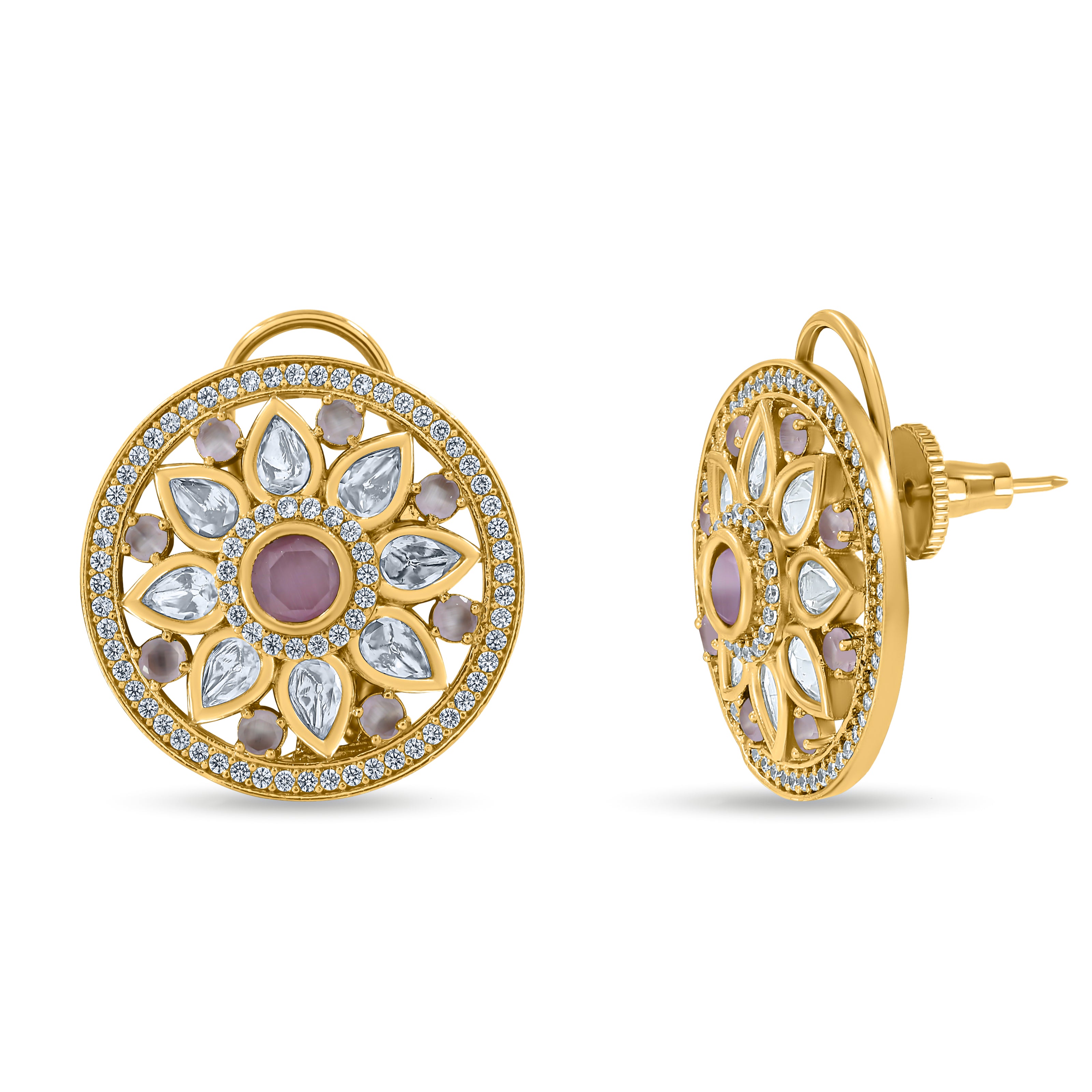 Bhavmayi 14K Gold Round Mandala Stud Earrings with Emerald & Teardrop Diamond Accents