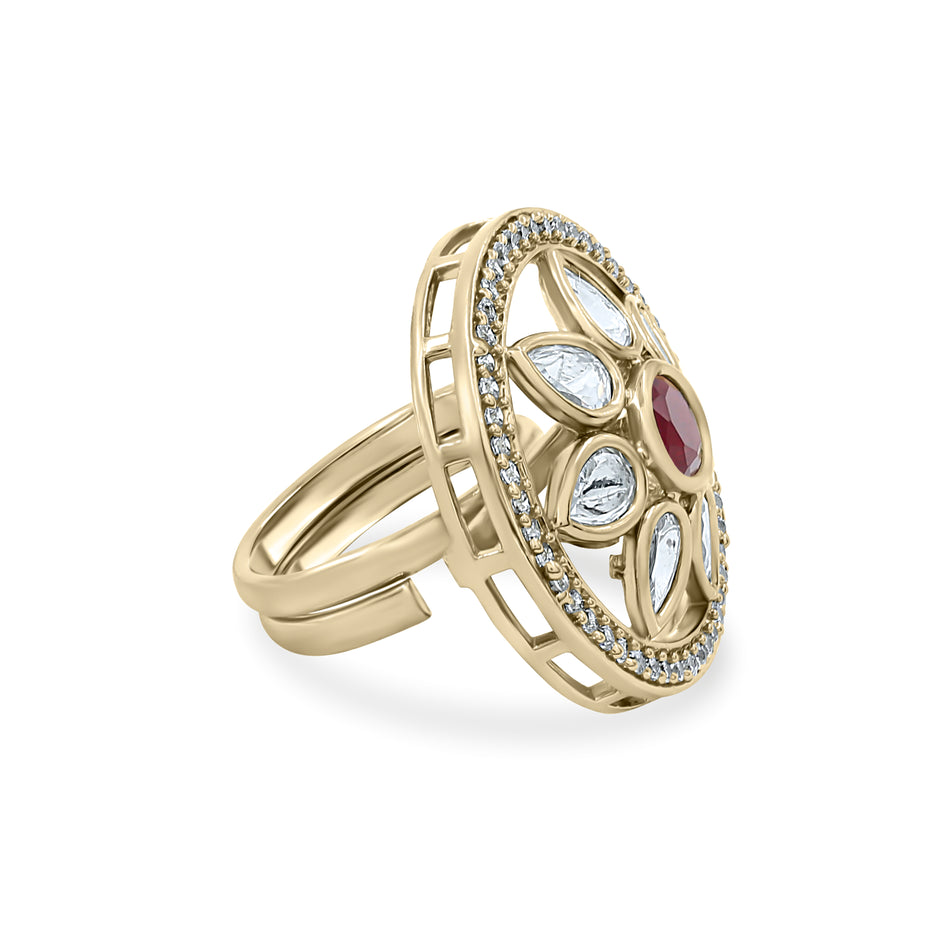 Bhavmayi Flower Mandala Statement Polki-Diamond-Gold Finish Ring