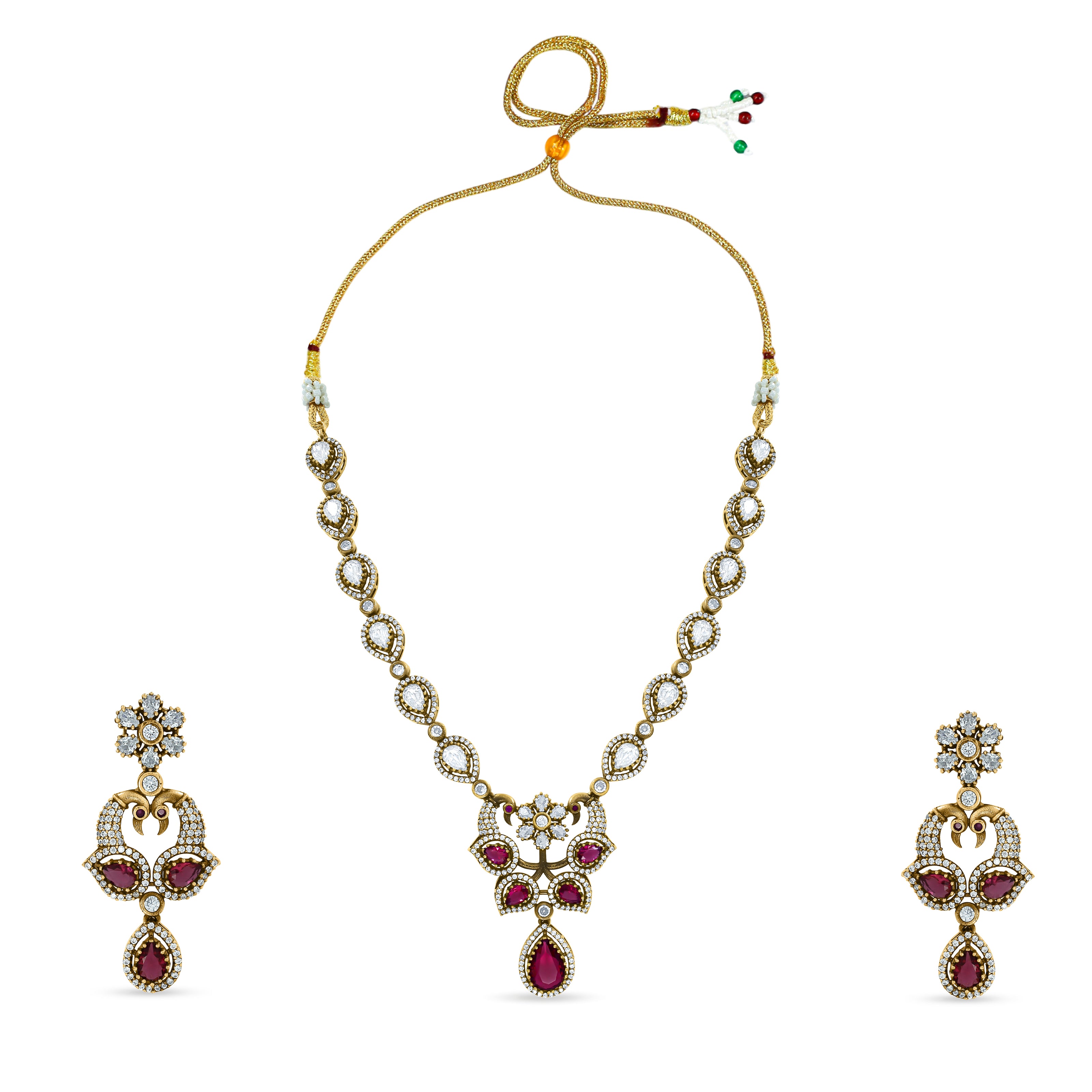 Bhavmayi Regal Peacock-Motif Ruby, Diamond-Polki-Style Heritage Necklace Set with Earrings