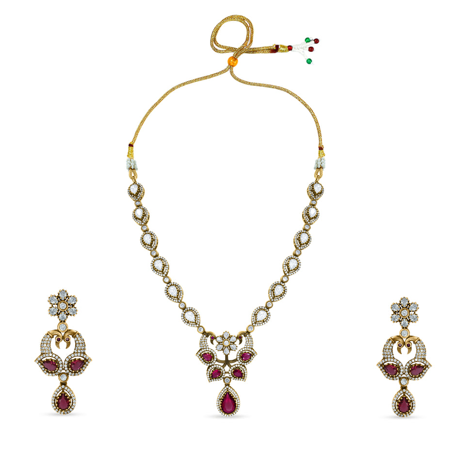 Bhavmayi Regal Peacock-Motif Ruby, Diamond-Polki-Style Heritage Necklace Set with Earrings