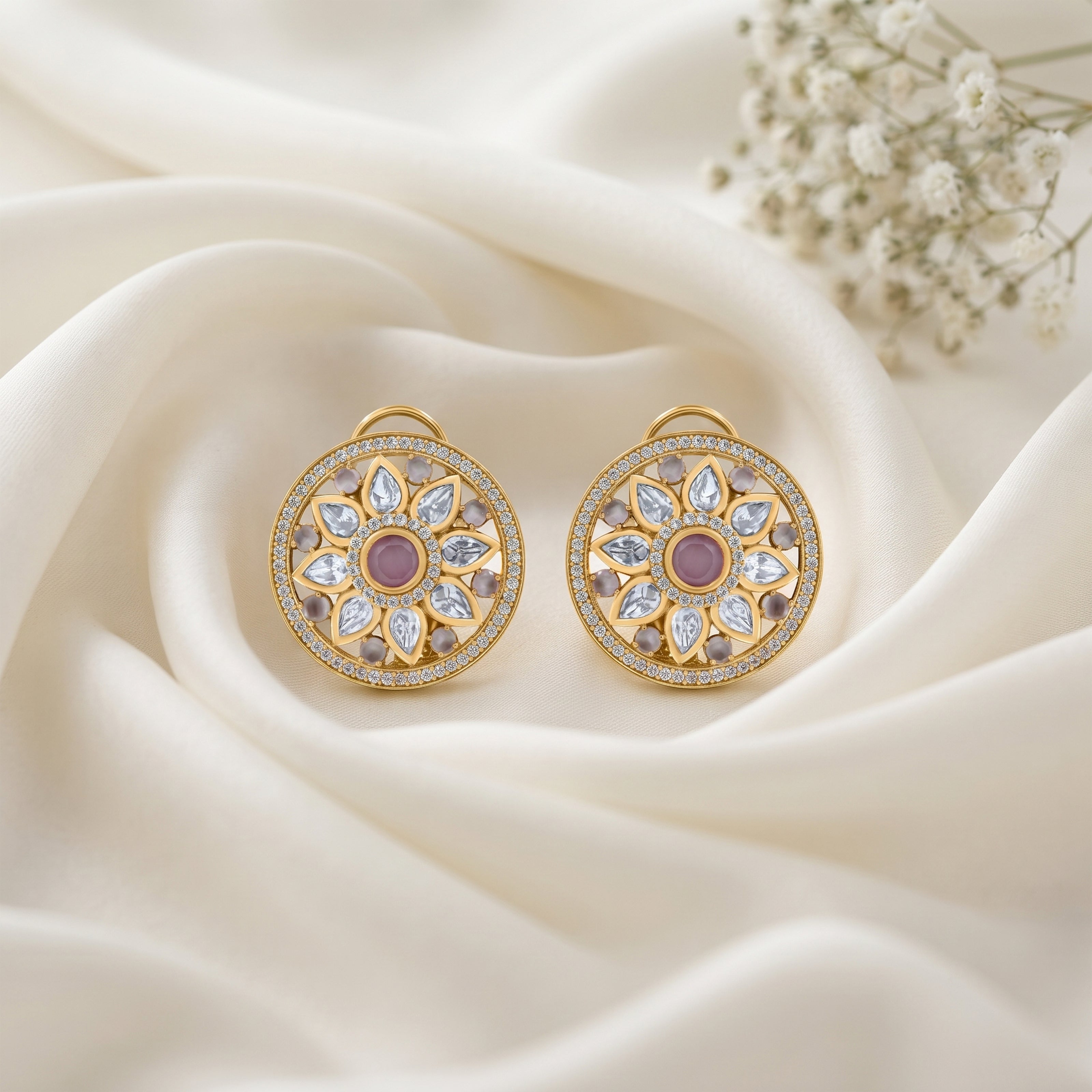 Bhavmayi 14K Gold Round Mandala Stud Earrings with Emerald & Teardrop Diamond Accents