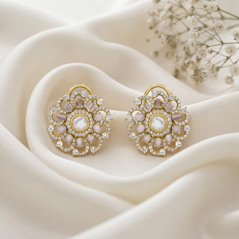 Bhavmayi 14K Gold Ornate Floral Burst Diamond Studded & Deca Cut Polki Accents Earrings