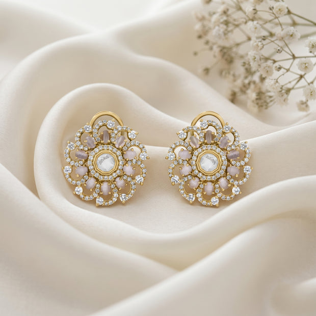 Bhavmayi 14K Gold Ornate Floral Burst Diamond Studded & Deca Cut Polki Accents Earrings