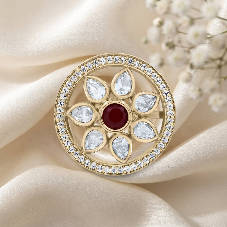 Bhavmayi Flower Mandala Statement Polki-Diamond-Gold Finish Ring