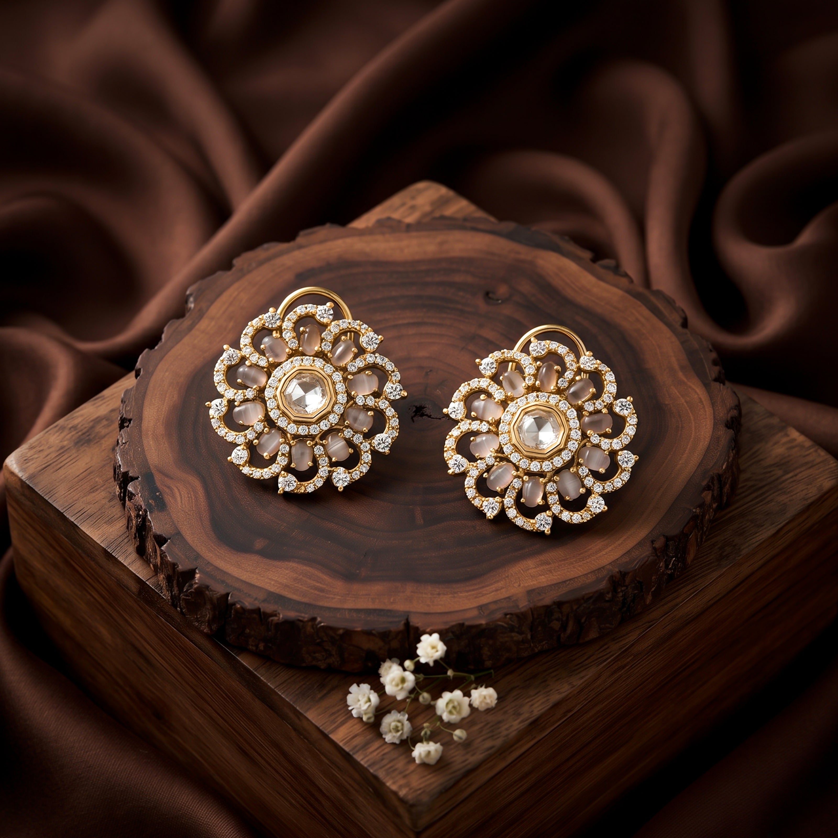 Bhavmayi 14K Gold Ornate Floral Burst Diamond Studded & Deca Cut Polki Accents Earrings