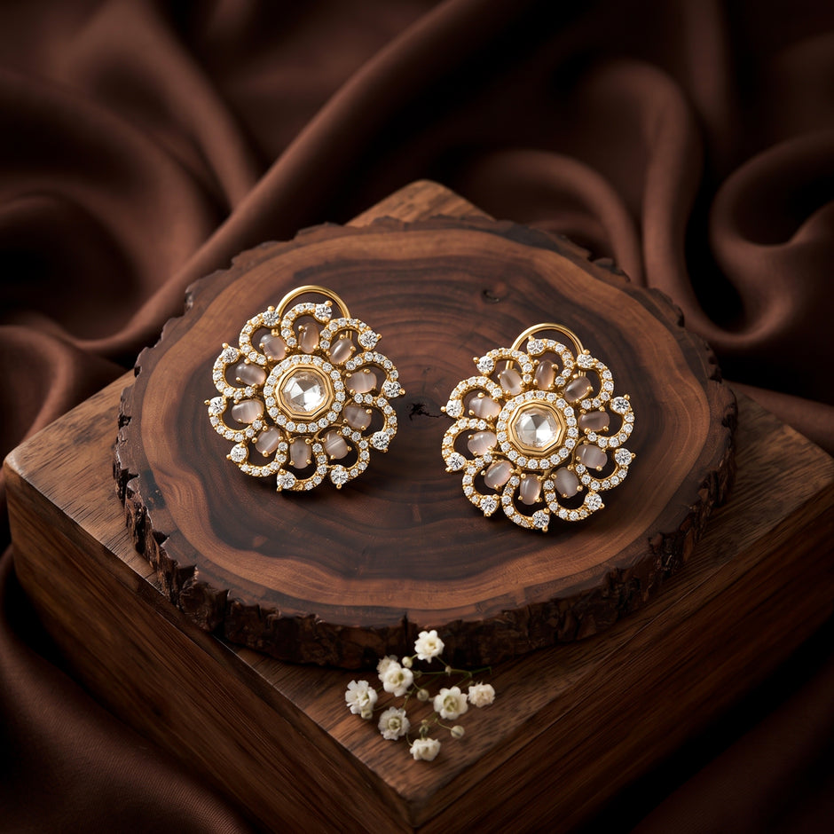 Bhavmayi 14K Gold Ornate Floral Burst Diamond Studded & Deca Cut Polki Accents Earrings