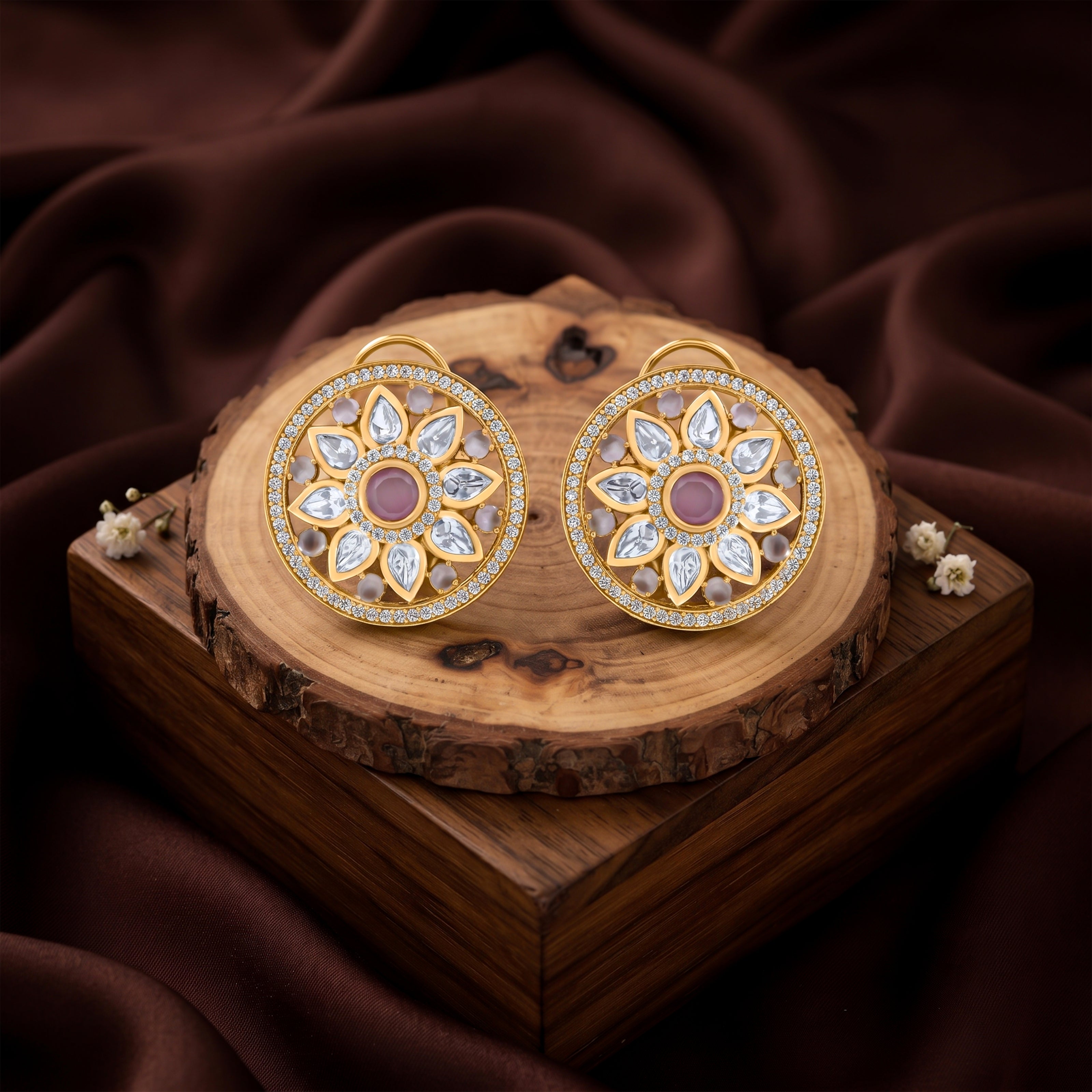 Bhavmayi 14K Gold Round Mandala Stud Earrings with Emerald & Teardrop Diamond Accents