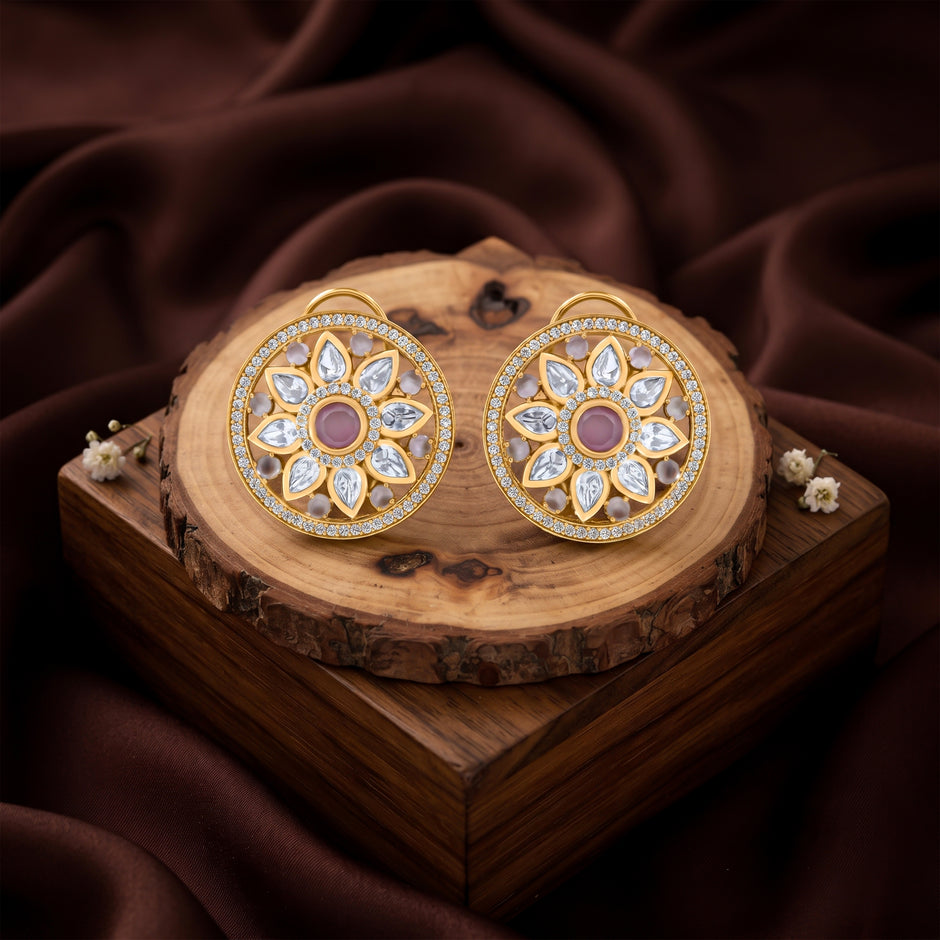 Bhavmayi 14K Gold Round Mandala Stud Earrings with Emerald & Teardrop Diamond Accents