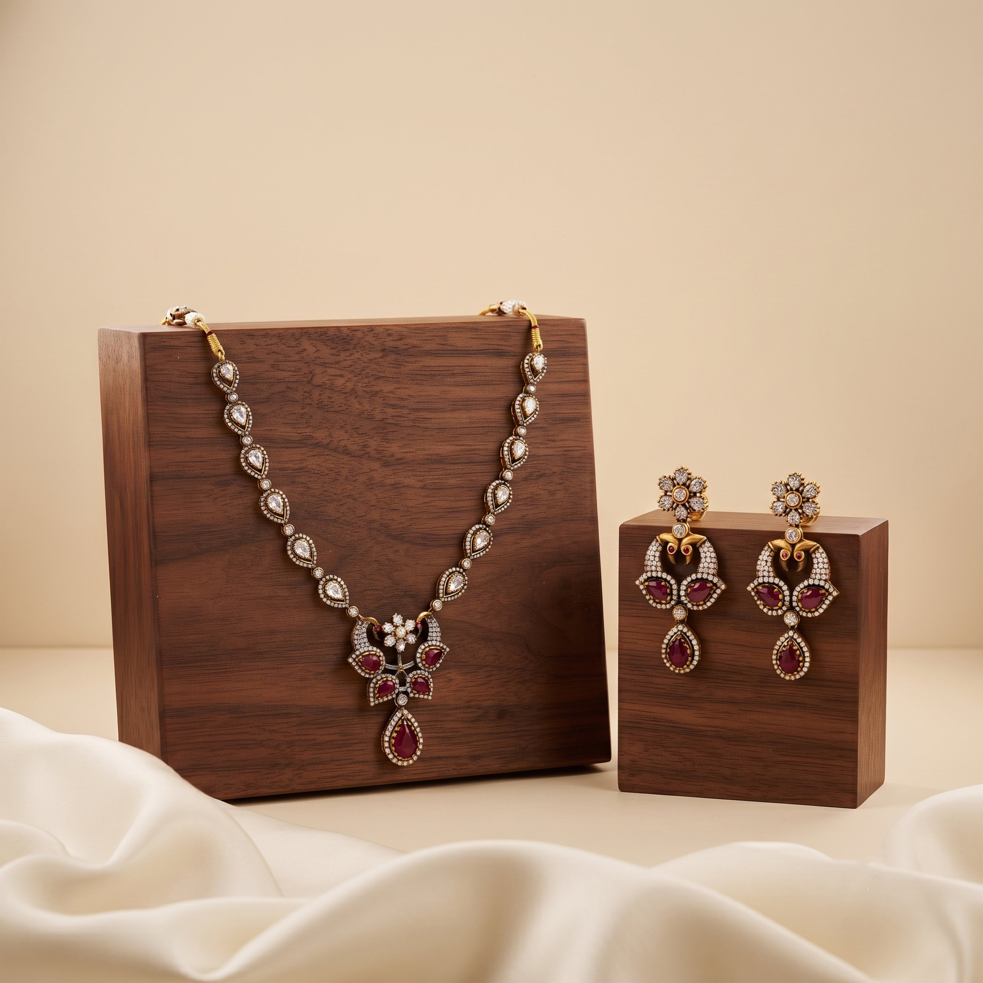 Bhavmayi Regal Peacock-Motif Ruby, Diamond-Polki-Style Heritage Necklace Set with Earrings