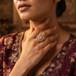 Bhavmayi 14K Gold Finish Modern Sunburst Spokes Pave Outer Halo Oval Diamond Statement  Ring