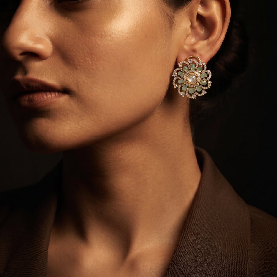 Bhavmayi 14K Gold Ornate Floral Burst Diamond Studded & Deca Cut Polki Accents Earrings