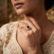 Bhavmayi Diamond Statement Gold Art Deco Oval Ring with Baguette and Pave Cushion Halo